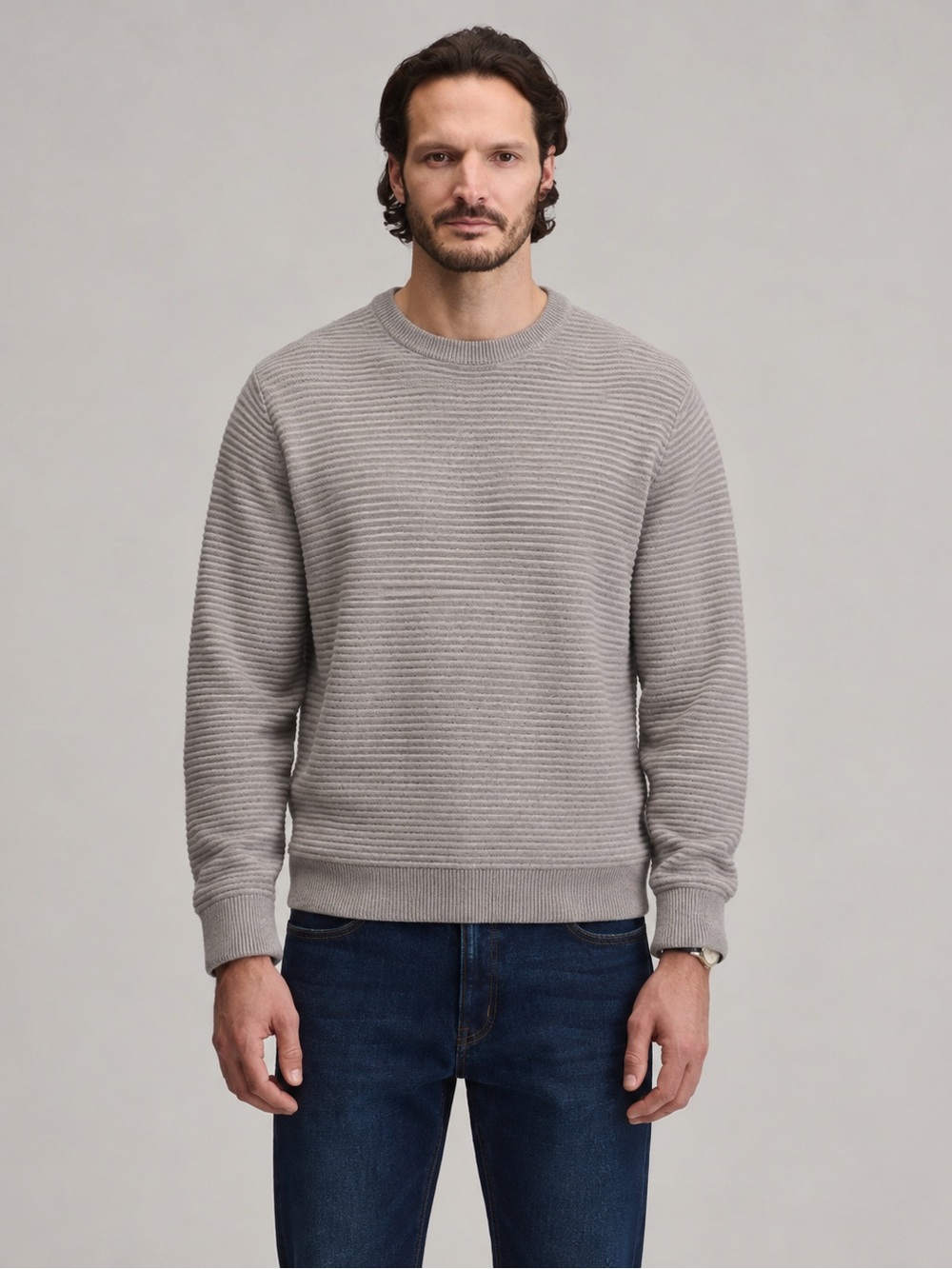 299. Men's Ribbed Crewneck Sweater in Light Gray